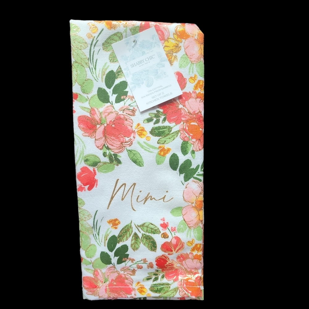Mimi Shabby Chic  2 Kitchen Towels Gold Foil Floral Multicolored NWT